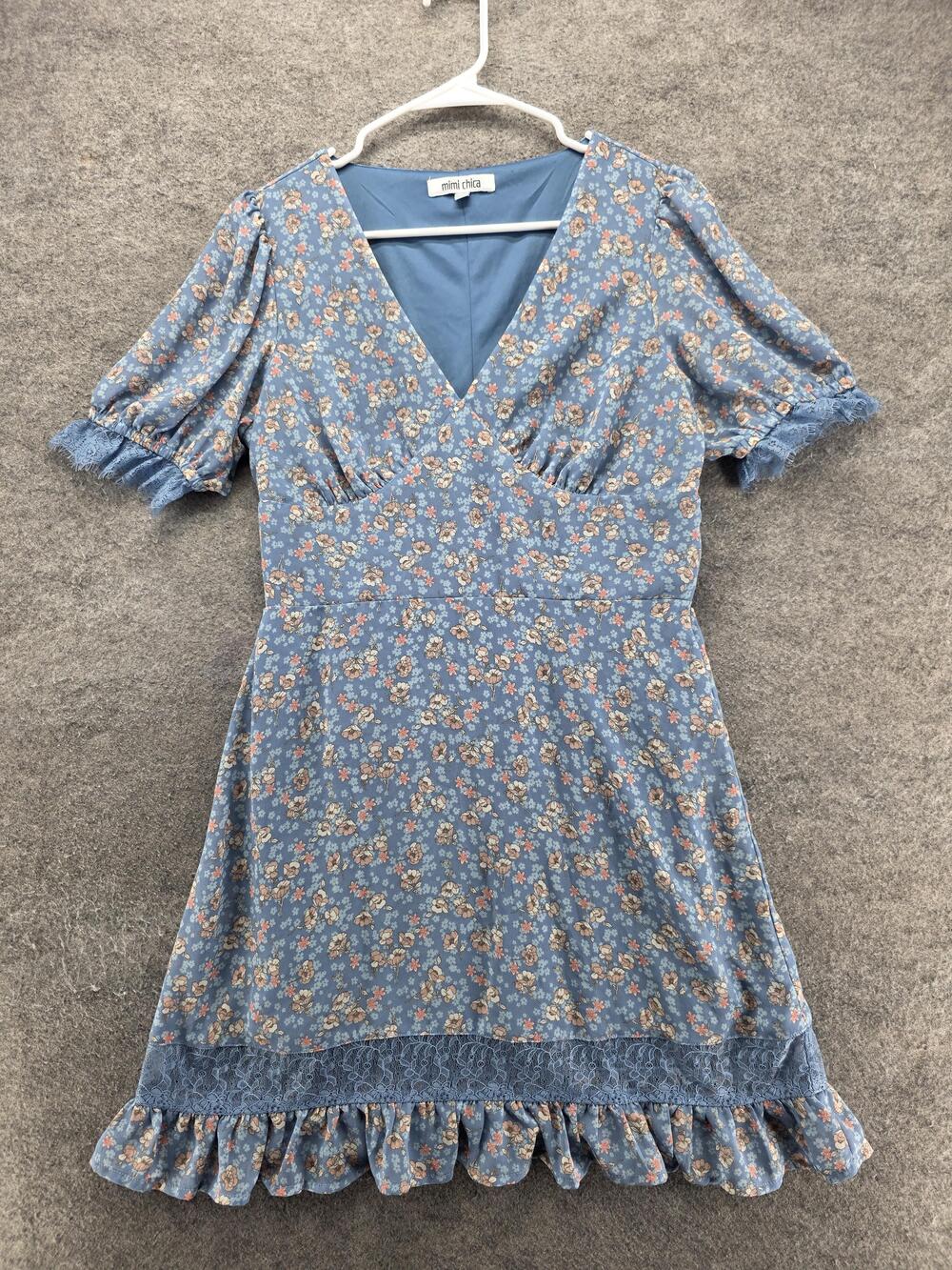 Mimi Chica Dress Womens L Blue Fit & Flare Short V-Neck Button Ruffle Lined